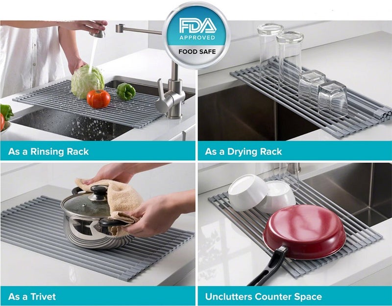 Ahyuan Large Roll up Dish Drying Rack 20.5'' Silicone Over Sink Dish Drying Rack Cubic Silicone Wrapped Steel Solid Bars Dish Racks for Kitchen Counter Sink Drying Rack (Warm Grey, Large20.5"Lx13"W) - Image 3